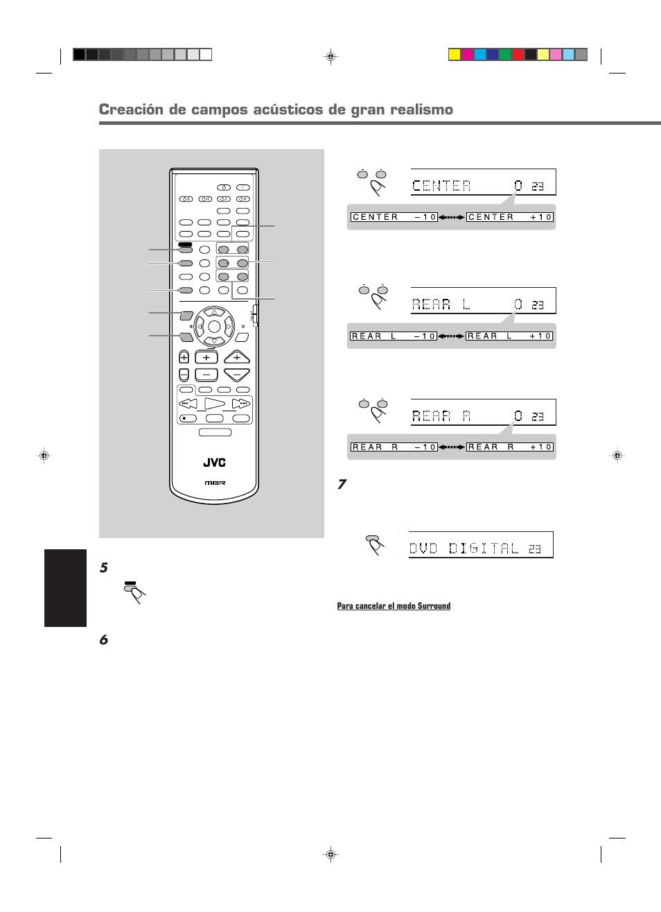 Creación de campos acústicos de gran realismo, Español, Pulse sound | Pulse test de nuevo para parar el tono de prueba, Para cancelar el modo surround, Effect center +/– rear•l +/– surround on/off, Surround mode, Sound test rear•r, Ej.: cuando se ha seleccionado “dvd digital | JVC RX-E112RSL User Manual | Page 39 / 52