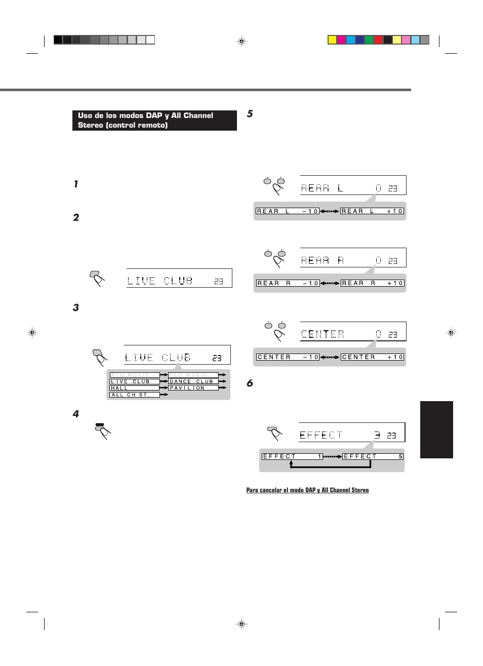 Español, Pulse sound, Para cancelar el modo dap y all channel stereo | Ej.: se ha seleccionado “live club | JVC RX-E112RSL User Manual | Page 40 / 52