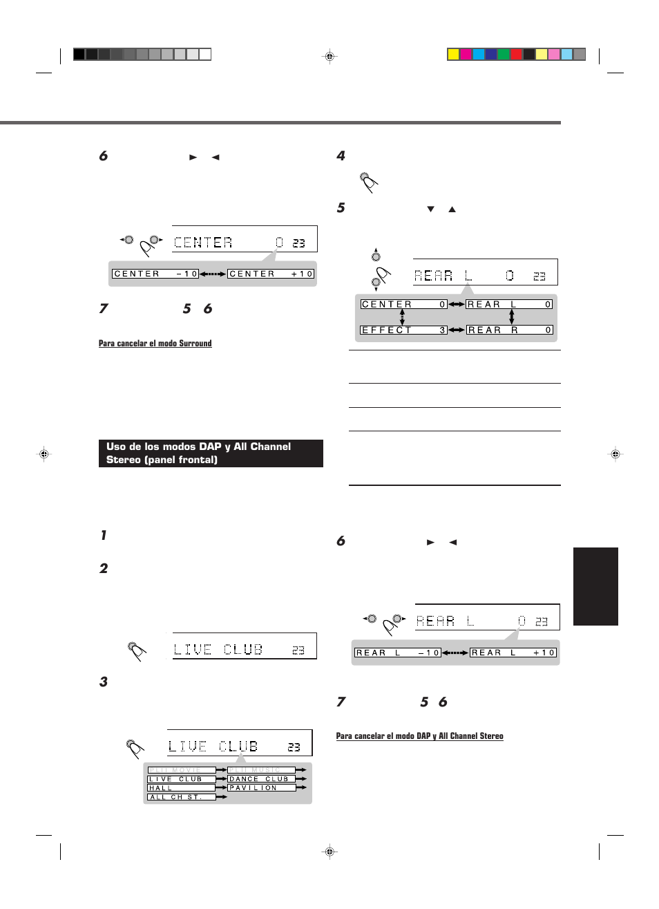 Español, Pulse control 3 (o 2 ) para realizar los ajuste, Repita los pasos | Para realizar otros ajustes, Pulse adjust, Pulse control 3 (o 2 ) para realizar el ajuste, Para realizar otros ajsutes, Para cancelar el modo surround, Para cancelar el modo dap y all channel stereo | JVC RX-E112RSL User Manual | Page 42 / 52