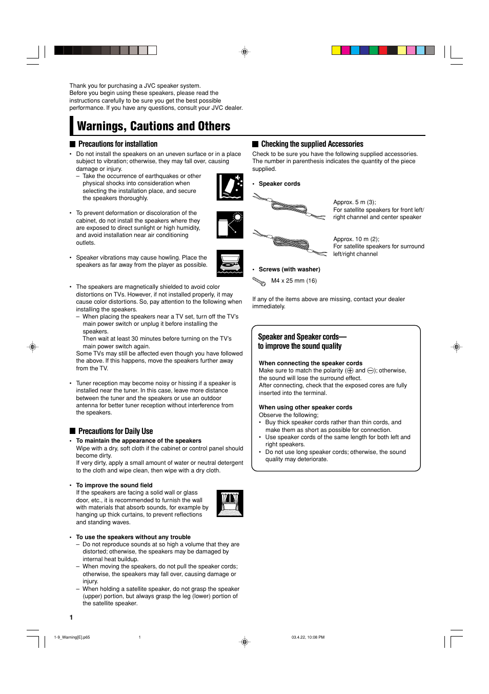 Warnings, cautions and others, Precautions for installation, Precautions for daily use | Checking the supplied accessories | JVC SP-F303C User Manual | Page 2 / 48