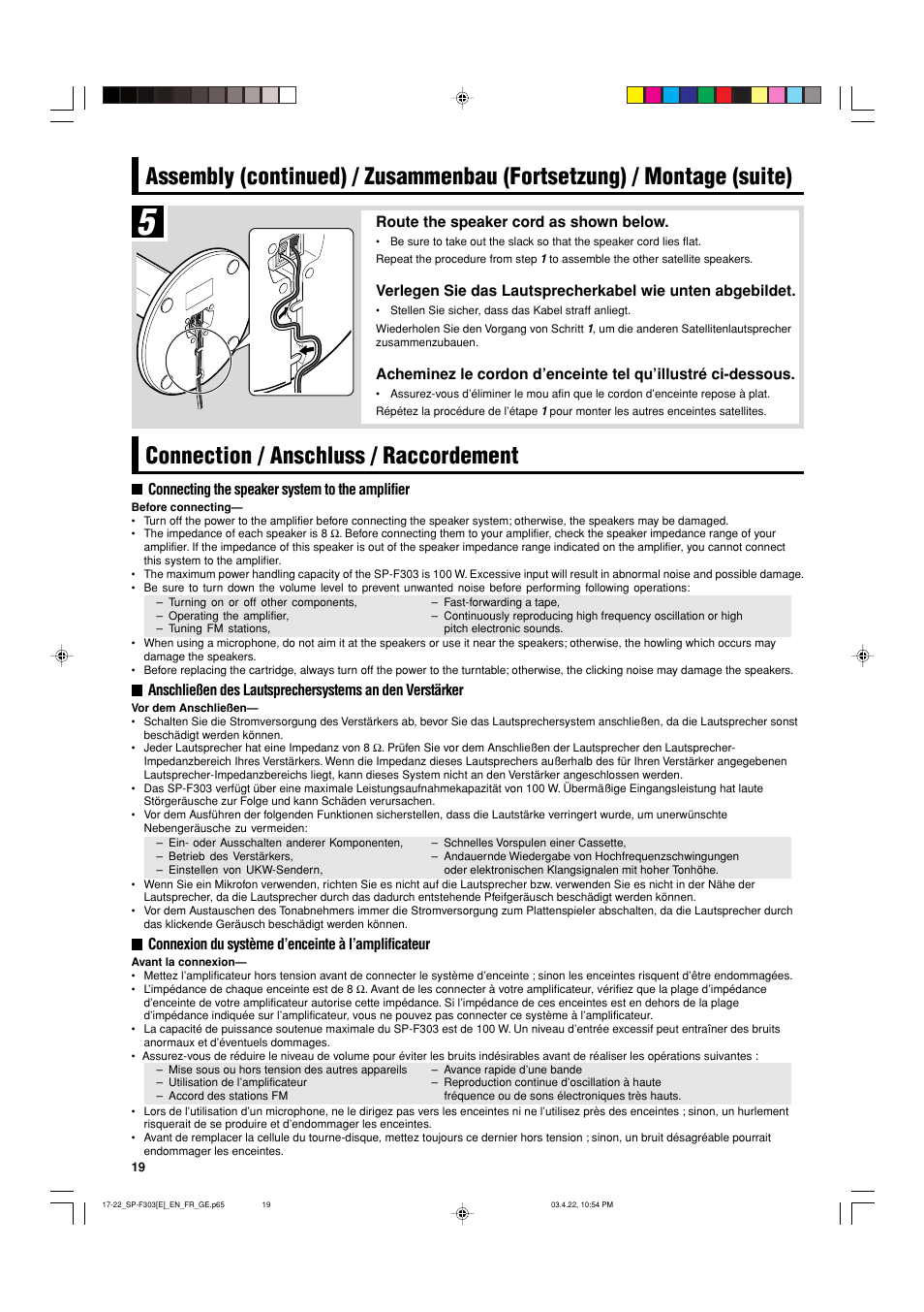 Connection / anschluss / raccordement | JVC SP-F303C User Manual | Page 20 / 48