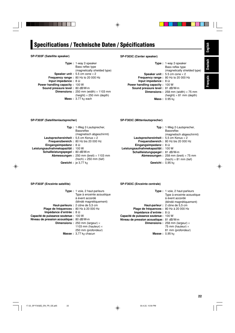 Specifications / technische daten / spécifications | JVC SP-F303C User Manual | Page 23 / 48