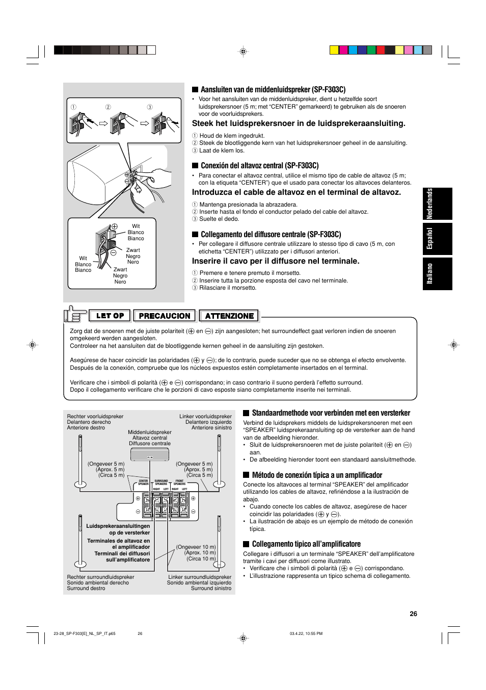 Aansluiten van de middenluidspreker (sp-f303c), Conexión del altavoz central (sp-f303c), Collegamento del diffusore centrale (sp-f303c) | Inserire il cavo per il diffusore nel terminale, Standaardmethode voor verbinden met een versterker, Método de conexión típica a un amplificador, Collegamento tipico all’amplificatore | JVC SP-F303C User Manual | Page 27 / 48