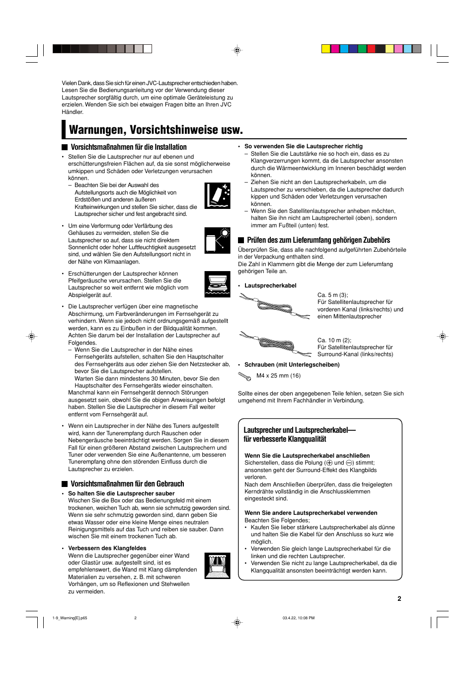 Warnungen, vorsichtshinweise usw, Vorsichtsmaßnahmen für die installation, Vorsichtsmaßnahmen für den gebrauch | Prüfen des zum lieferumfang gehörigen zubehörs | JVC SP-F303C User Manual | Page 3 / 48