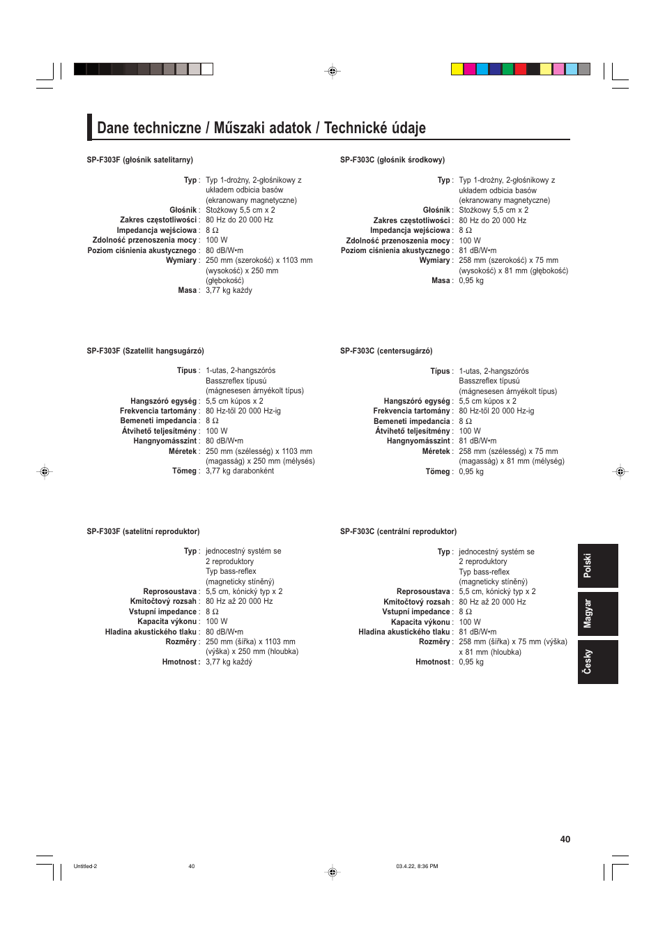 Dane techniczne / műszaki adatok / technické údaje | JVC SP-F303C User Manual | Page 41 / 48