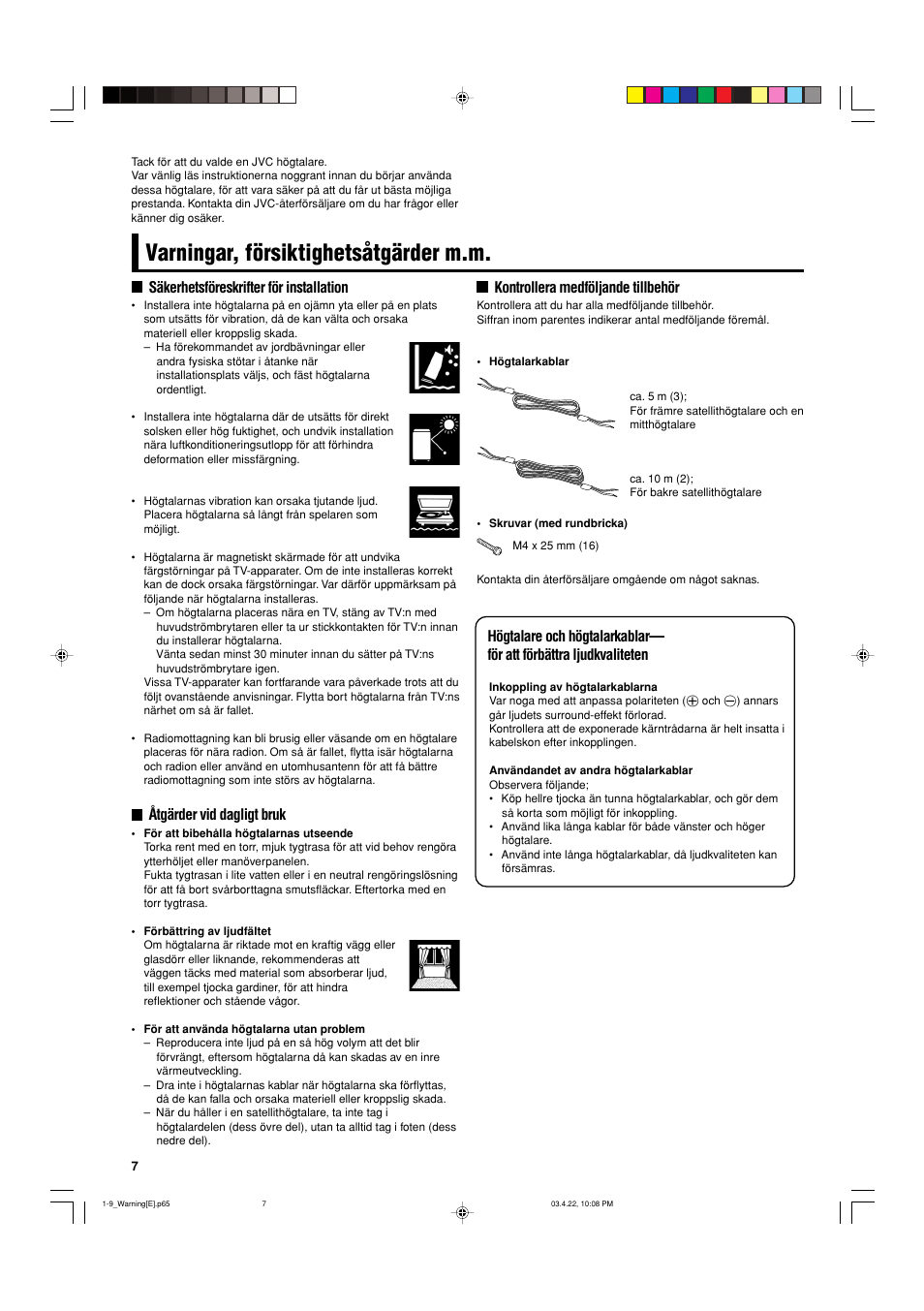 Varningar, försiktighetsåtgärder m.m, Säkerhetsföreskrifter för installation, Åtgärder vid dagligt bruk | Kontrollera medföljande tillbehör | JVC SP-F303C User Manual | Page 8 / 48