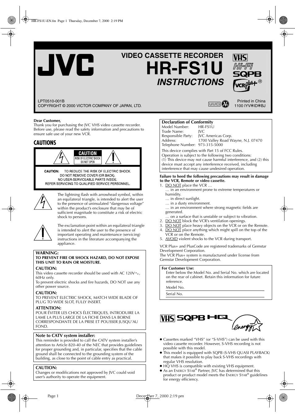 JVC HR-FS1U User Manual | 16 pages