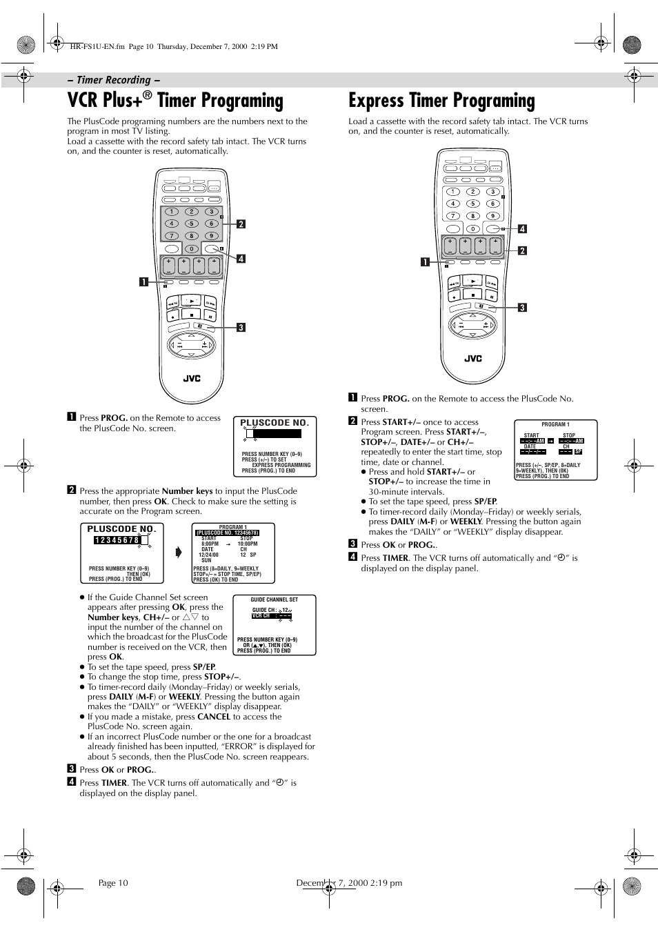 Vcr plus, Timer programing, Express timer programing | Timer recording | JVC HR-FS1U User Manual | Page 10 / 16