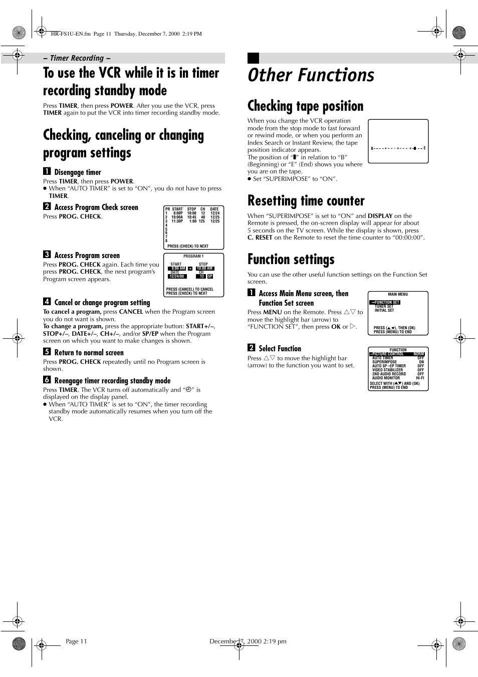 Other functions, Checking, canceling or changing program settings, Checking tape position | Resetting time counter, Function settings, Disengage timer, Access program check screen, Access program screen, Cancel or change program setting, Return to normal screen | JVC HR-FS1U User Manual | Page 11 / 16