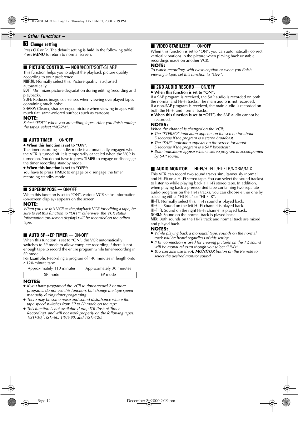 JVC HR-FS1U User Manual | Page 12 / 16