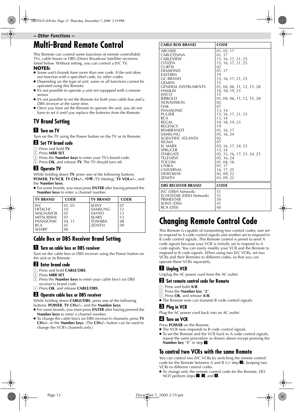 Multi-brand remote control, Changing remote control code, Tv brand setting a | Cable box or dbs receiver brand setting a | JVC HR-FS1U User Manual | Page 13 / 16