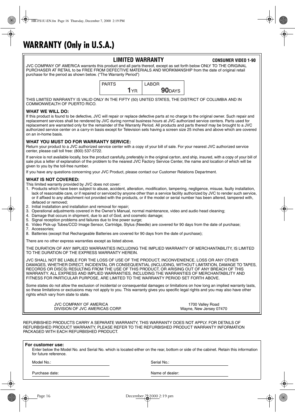 Warranty (only in u.s.a.), Limited warranty | JVC HR-FS1U User Manual | Page 16 / 16