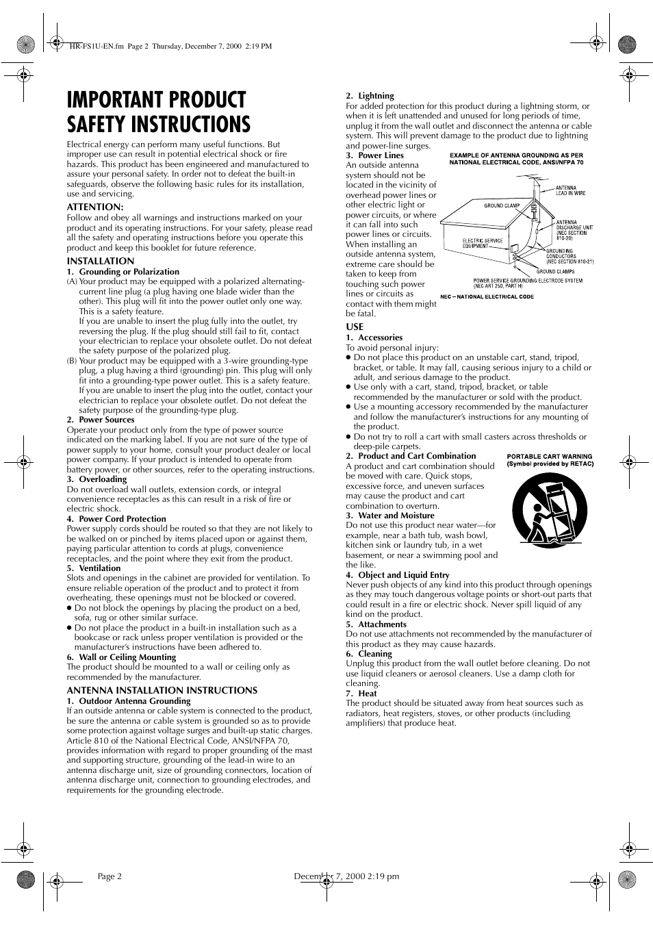 Important product safety instructions | JVC HR-FS1U User Manual | Page 2 / 16
