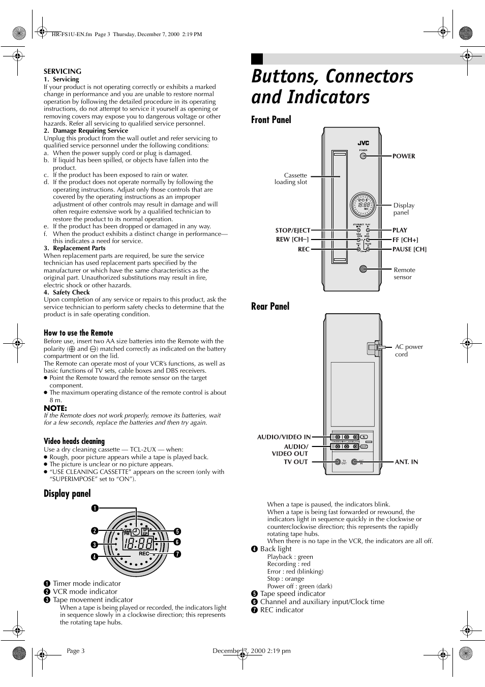 Buttons, connectors and indicators, Front panel rear panel display panel | JVC HR-FS1U User Manual | Page 3 / 16