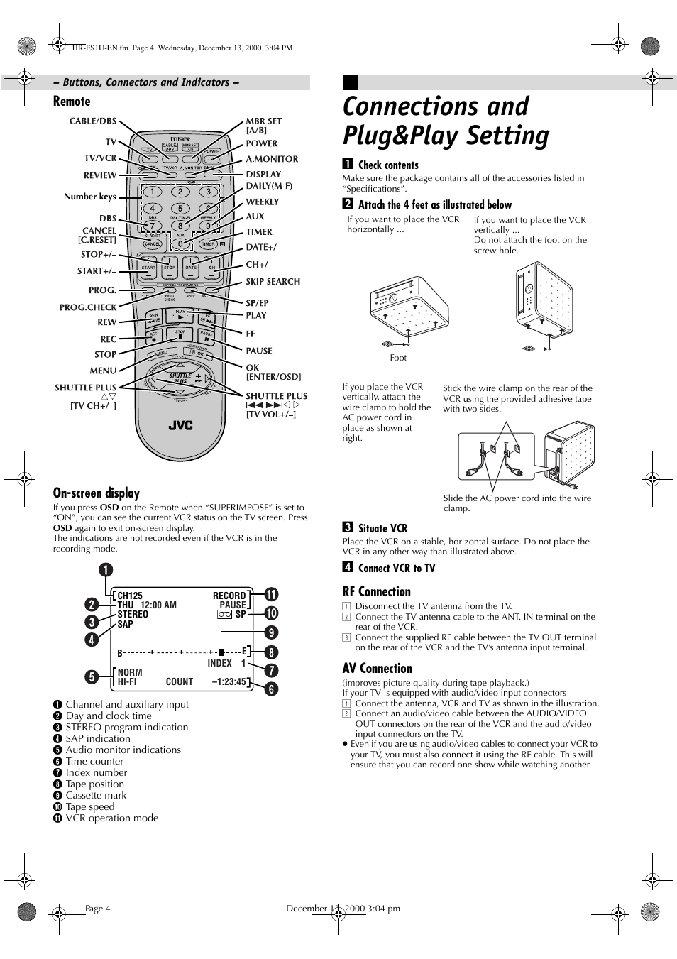 Connections and plug&play setting, Remote on-screen display, Rf connection | Av connection | JVC HR-FS1U User Manual | Page 4 / 16