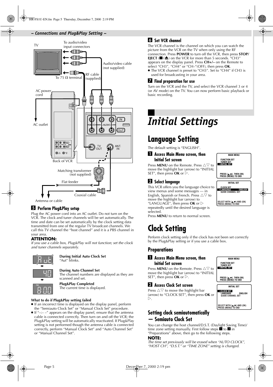 Initial settings, Language setting, Clock setting | Preparations a | JVC HR-FS1U User Manual | Page 5 / 16