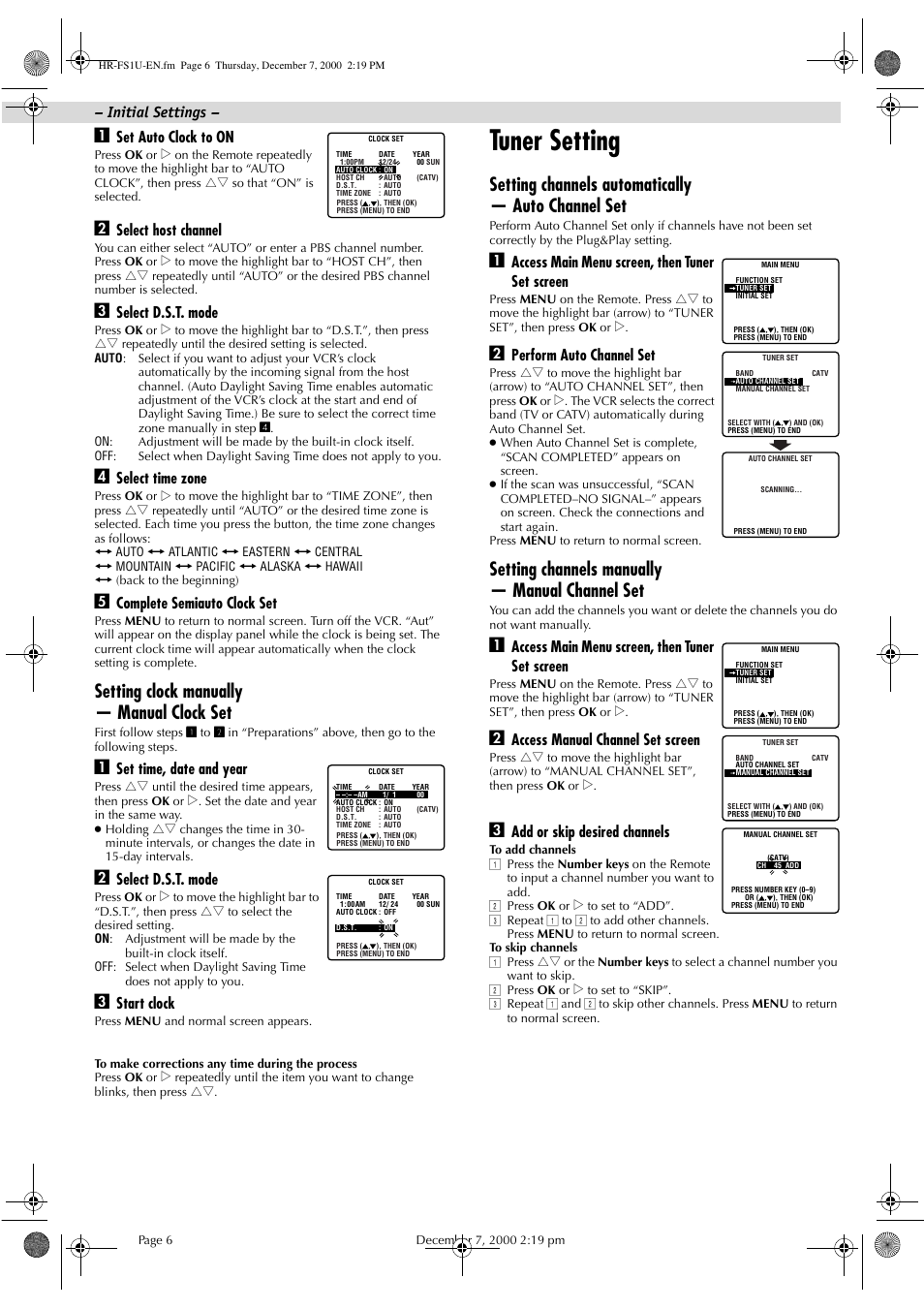 Tuner setting, Setting clock manually — manual clock set, Setting channels automatically — auto channel set | Setting channels manually — manual channel set, Set auto clock to on, Select host channel, Select d.s.t. mode, Select time zone, Complete semiauto clock set, Set time, date and year | JVC HR-FS1U User Manual | Page 6 / 16