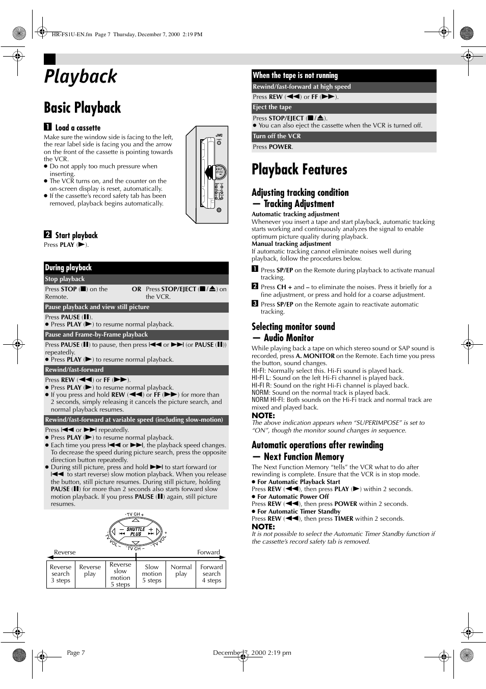 Playback, Basic playback, Playback features | Adjusting tracking condition — tracking adjustment, Selecting monitor sound — audio monitor | JVC HR-FS1U User Manual | Page 7 / 16