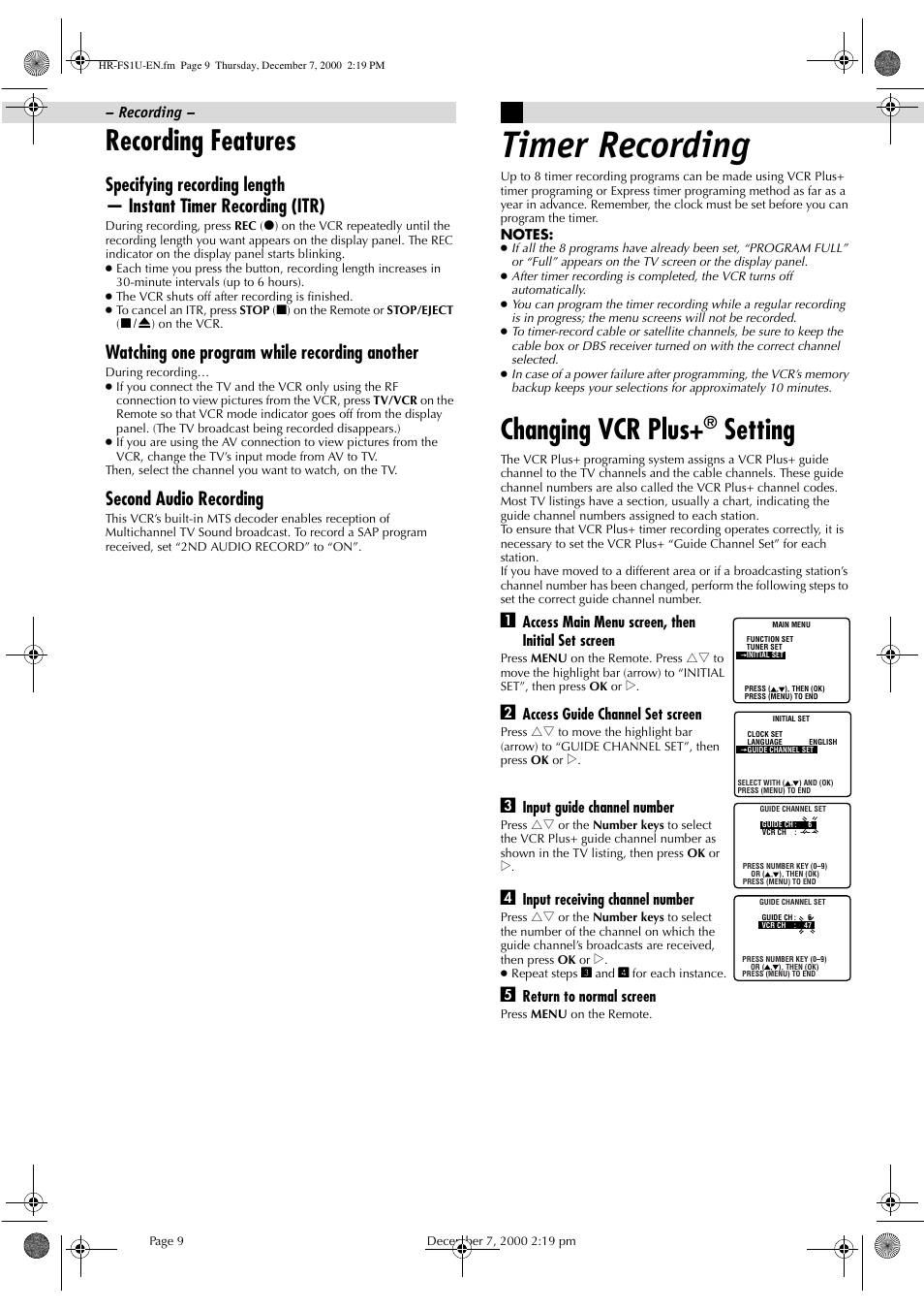 Timer recording, Recording features, Changing vcr plus | Setting, Watching one program while recording another, Second audio recording | JVC HR-FS1U User Manual | Page 9 / 16