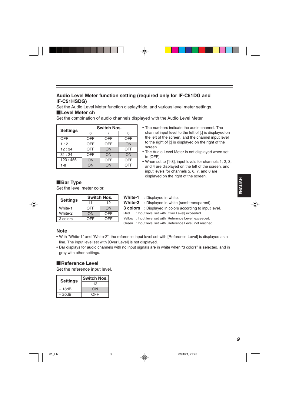 Level meter ch, Bar type, Reference level | JVC IF-C21SDG User Manual | Page 11 / 64