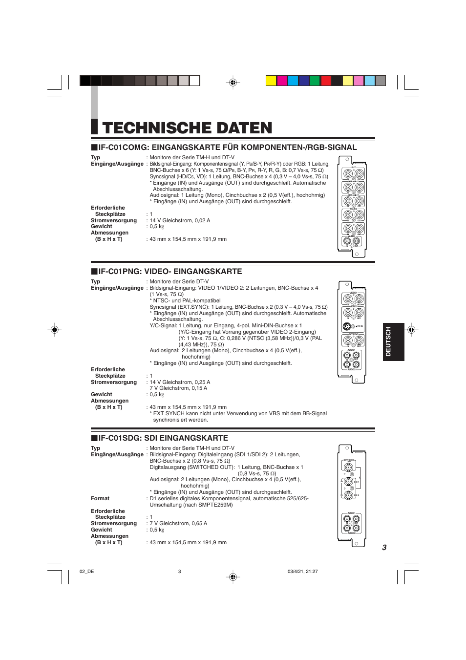 Technische daten, If-c01sdg: sdi eingangskarte, If-c01png: video- eingangskarte | JVC IF-C21SDG User Manual | Page 15 / 64