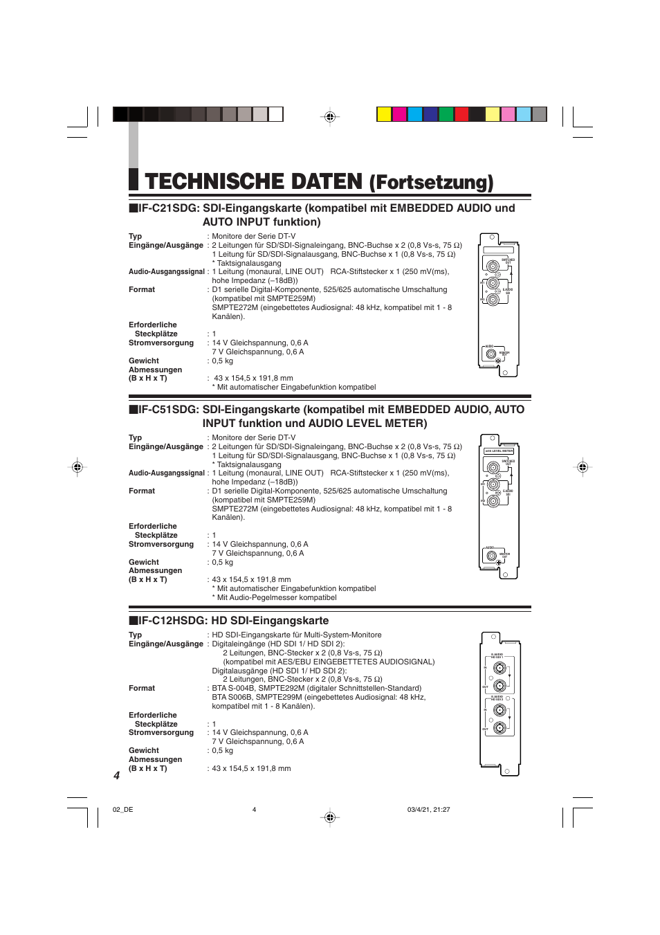 Technische daten, Fortsetzung), 4Ⅵ if-c12hsdg: hd sdi-eingangskarte | JVC IF-C21SDG User Manual | Page 16 / 64