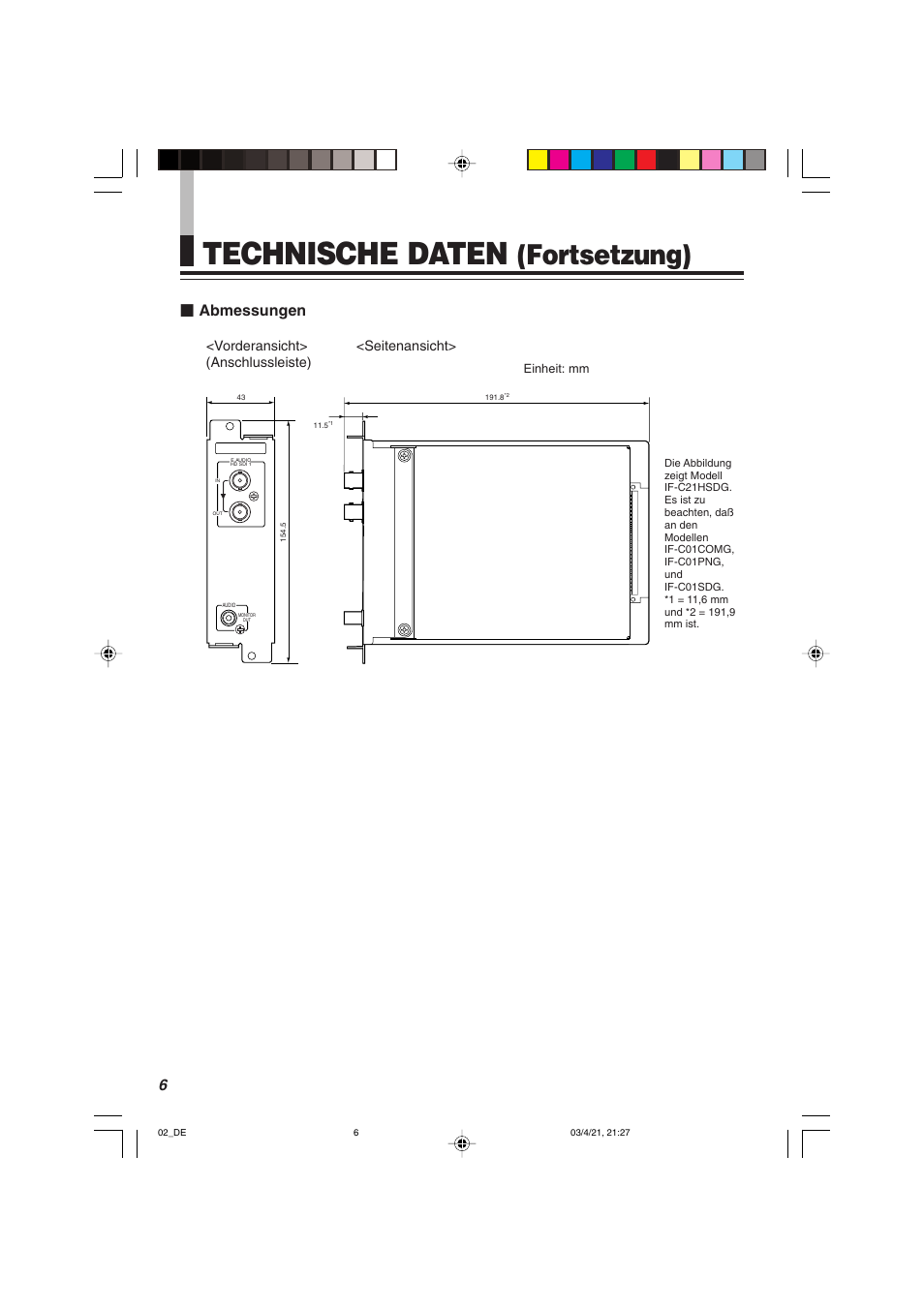 Technische daten, Fortsetzung), Abmessungen | Vorderansicht> <seitenansicht> (anschlussleiste) | JVC IF-C21SDG User Manual | Page 18 / 64