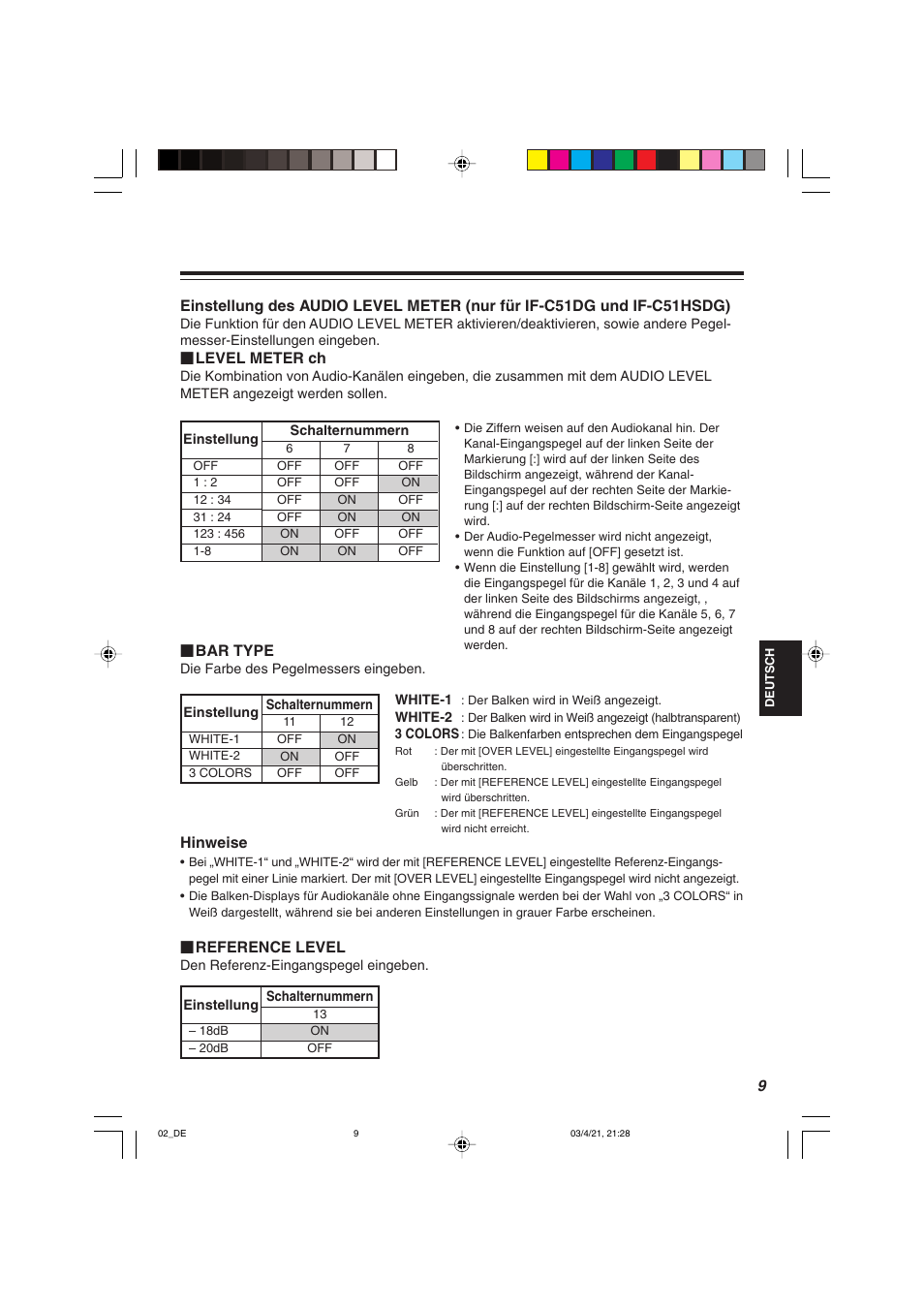 Level meter ch, Bar type, Hinweise | Reference level | JVC IF-C21SDG User Manual | Page 21 / 64