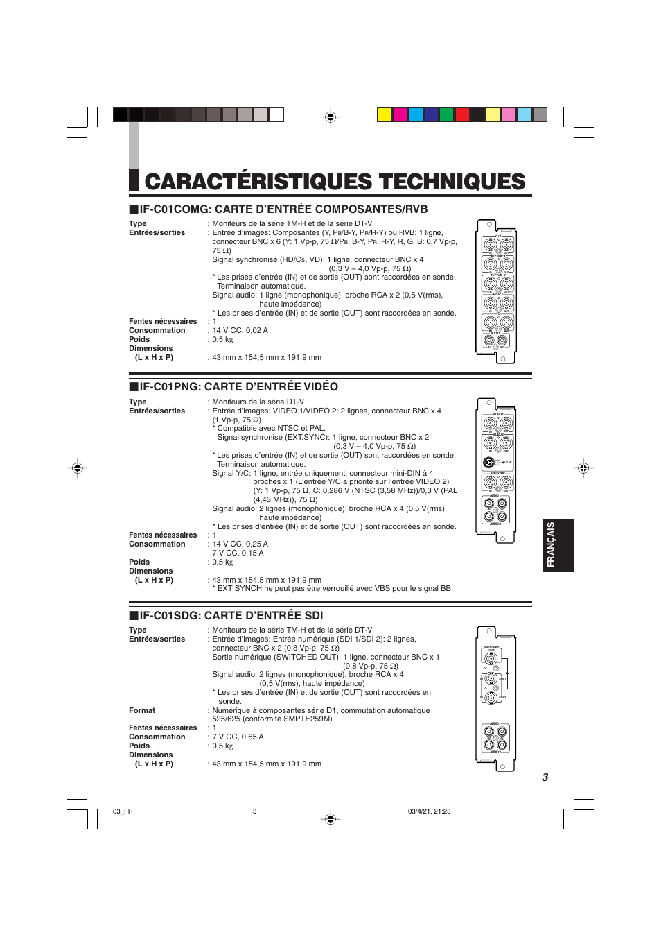Caractéristiques techniques, If-c01sdg: carte d’entrée sdi, If-c01png: carte d’entrée vidéo | If-c01comg: carte d’entrée composantes/rvb | JVC IF-C21SDG User Manual | Page 25 / 64