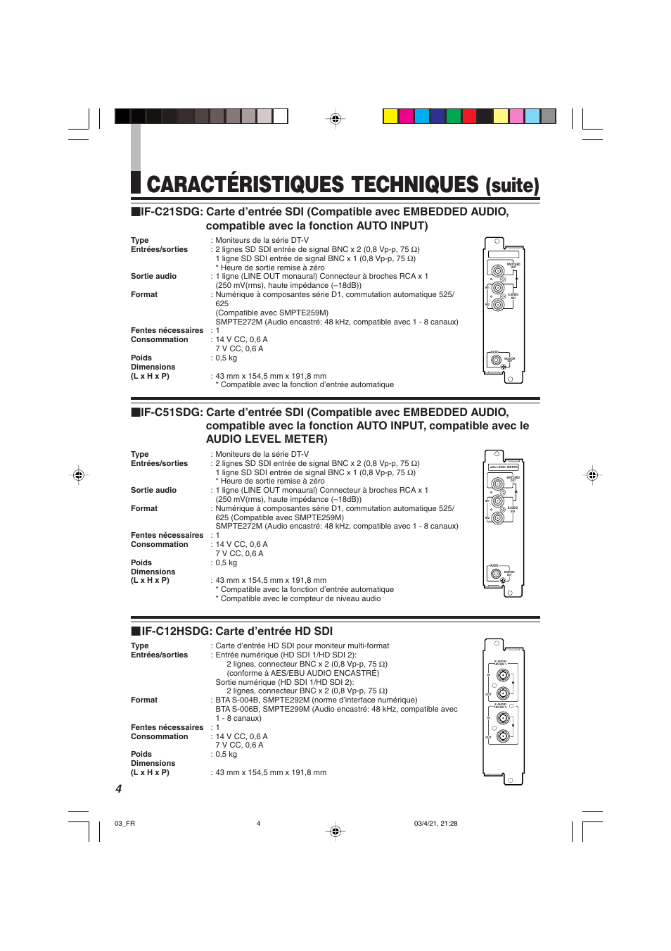 Caractéristiques techniques, Suite), 4Ⅵ if-c12hsdg: carte d’entrée hd sdi | JVC IF-C21SDG User Manual | Page 26 / 64