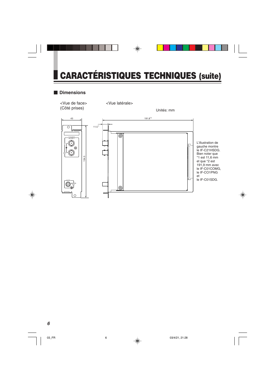 Caractéristiques techniques, Suite), Dimensions | Vue de face> <vue latérale> (côté prises) | JVC IF-C21SDG User Manual | Page 28 / 64