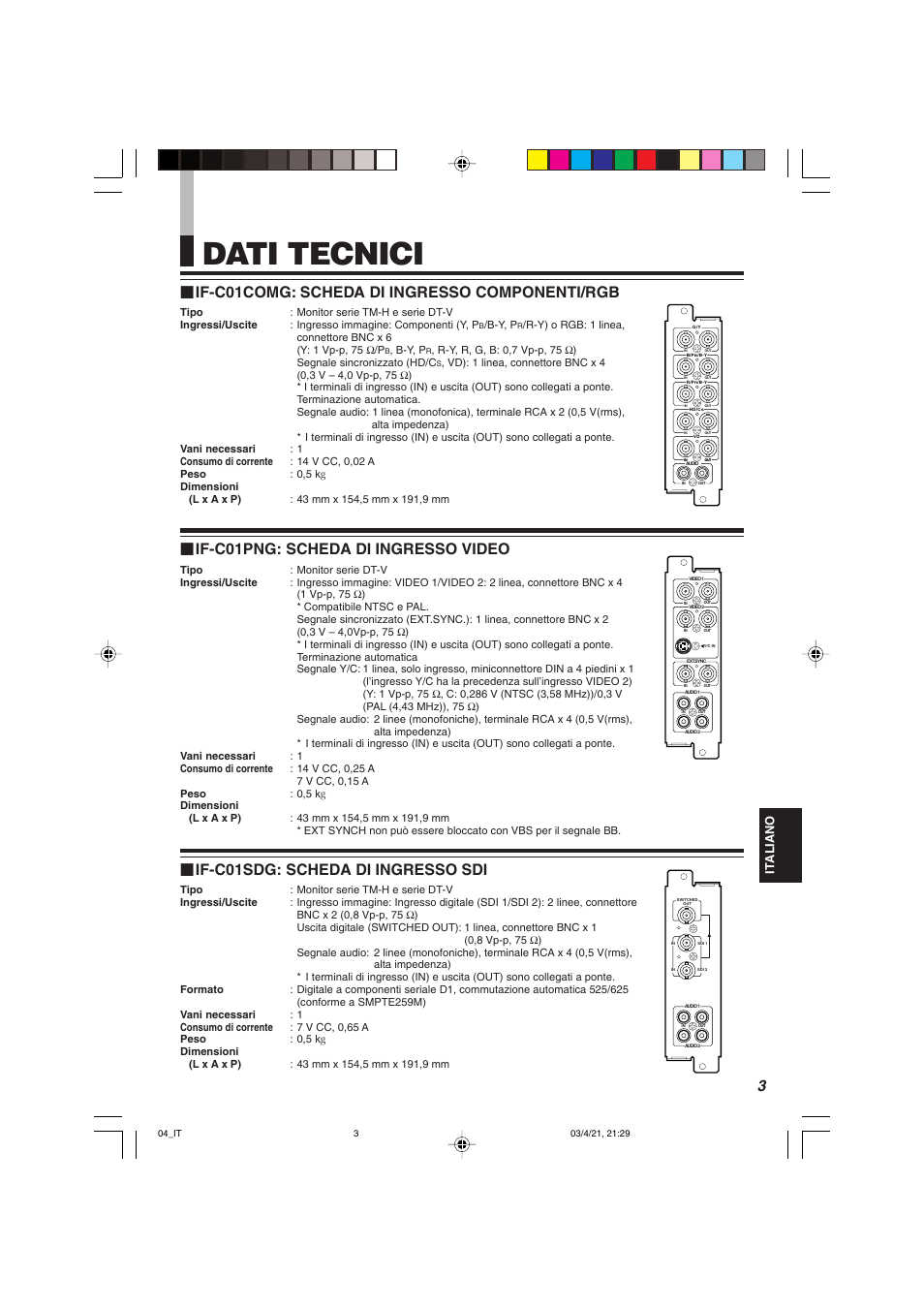 Dati tecnici, If-c01sdg: scheda di ingresso sdi, If-c01png: scheda di ingresso video | If-c01comg: scheda di ingresso componenti/rgb | JVC IF-C21SDG User Manual | Page 35 / 64