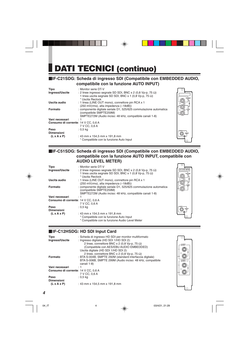 Dati tecnici, Continuo), 4Ⅵ if-c12hsdg: hd sdi input card | JVC IF-C21SDG User Manual | Page 36 / 64