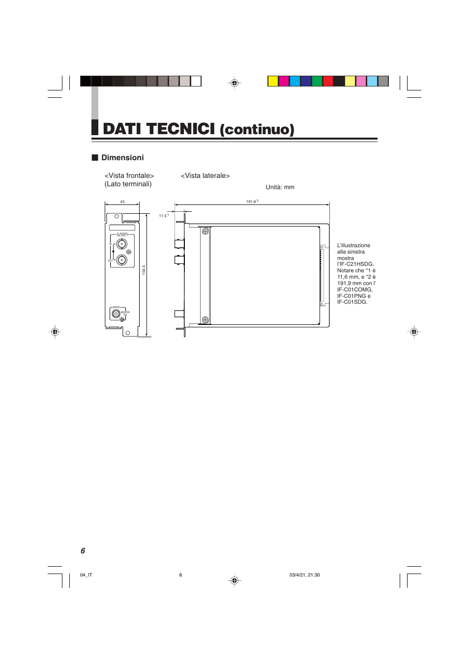Dati tecnici, Continuo), Dimensioni | Vista frontale> <vista laterale> (lato terminali) | JVC IF-C21SDG User Manual | Page 38 / 64