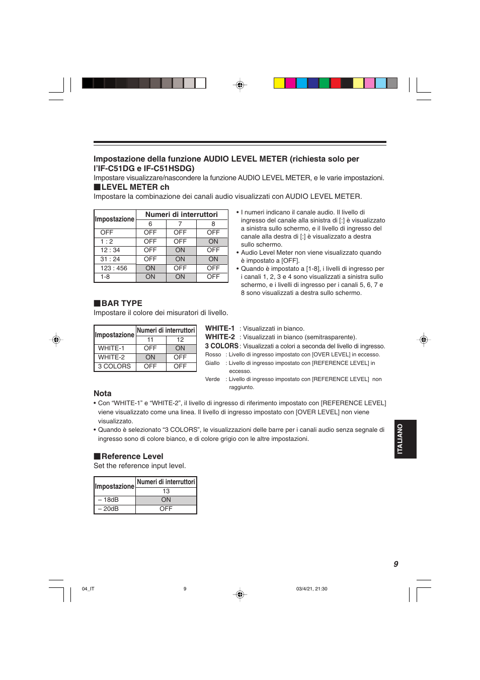 Level meter ch, Bar type, Nota | Reference level | JVC IF-C21SDG User Manual | Page 41 / 64