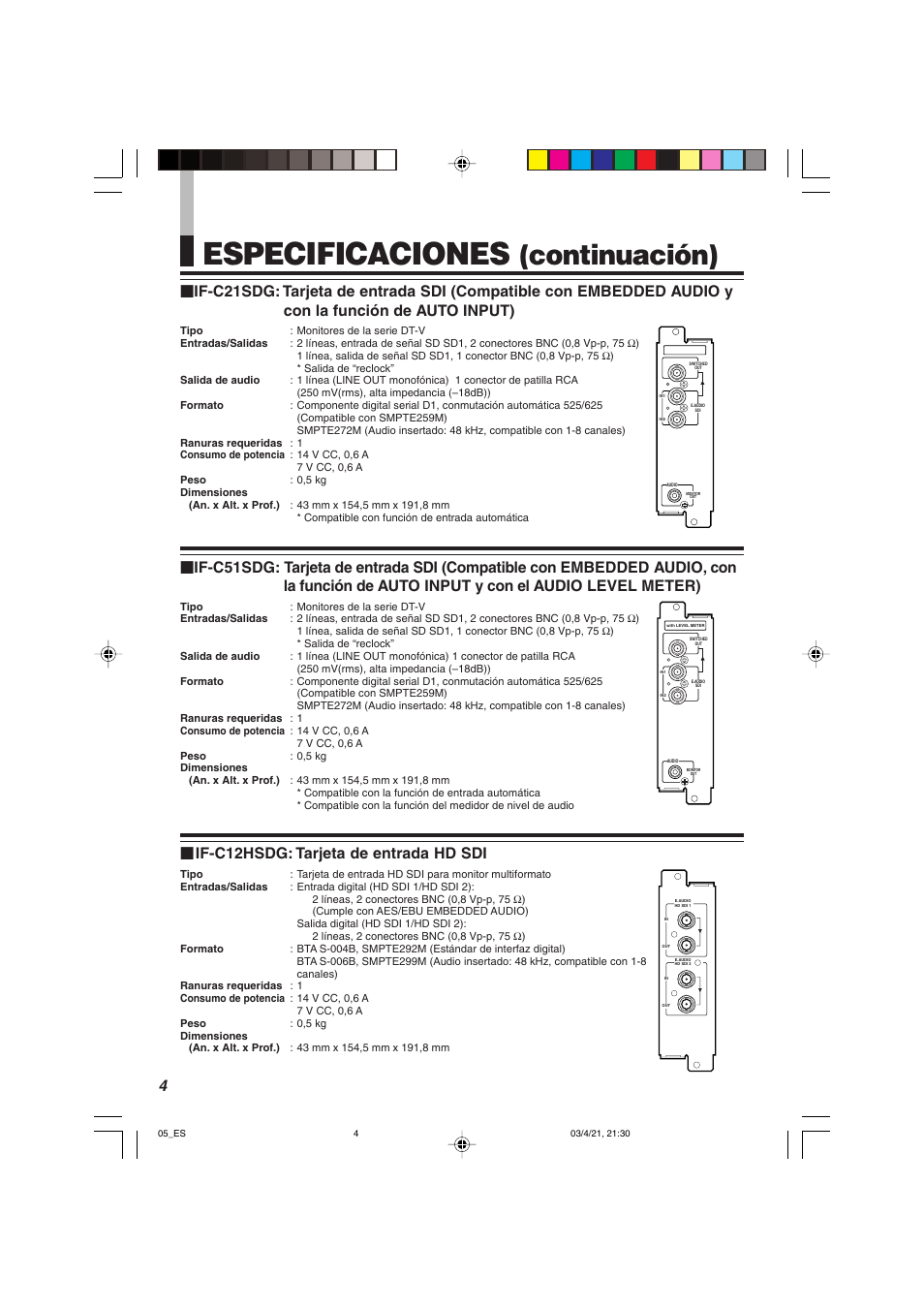 Especificaciones, Continuación), 4Ⅵ if-c12hsdg: tarjeta de entrada hd sdi | JVC IF-C21SDG User Manual | Page 46 / 64