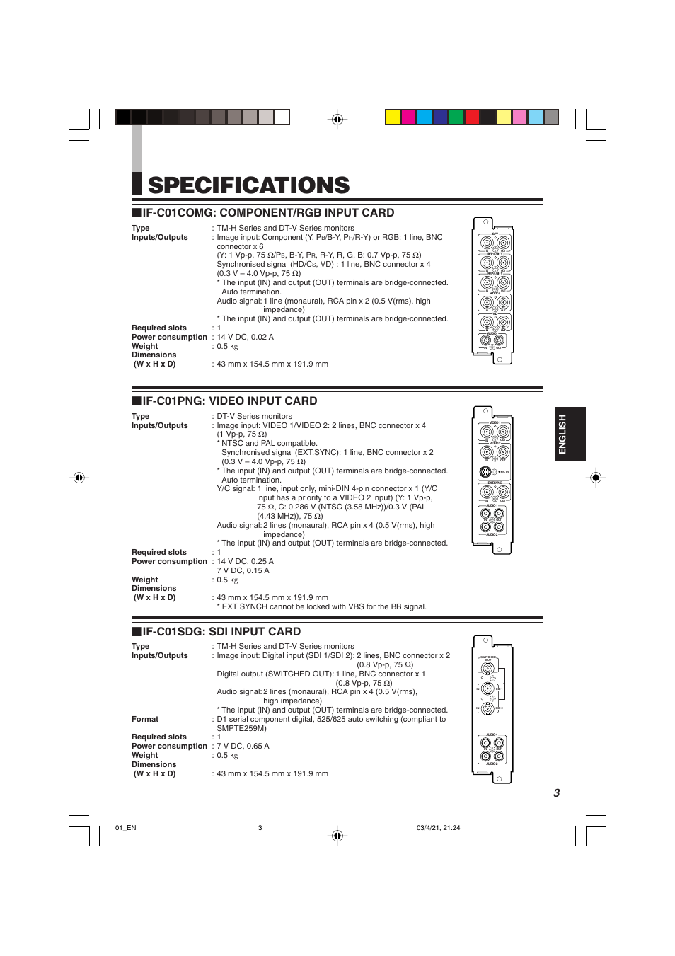 Specifications, 3Ⅵ if-c01sdg: sdi input card, If-c01png: video input card | If-c01comg: component/rgb input card | JVC IF-C21SDG User Manual | Page 5 / 64