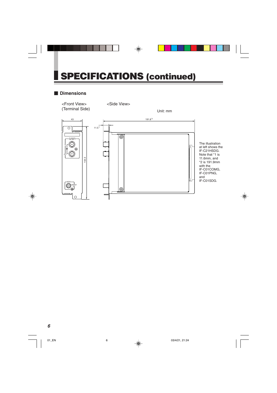 Specifications, Continued), 6Ⅵ dimensions | Front view> <side view> (terminal side) | JVC IF-C21SDG User Manual | Page 8 / 64