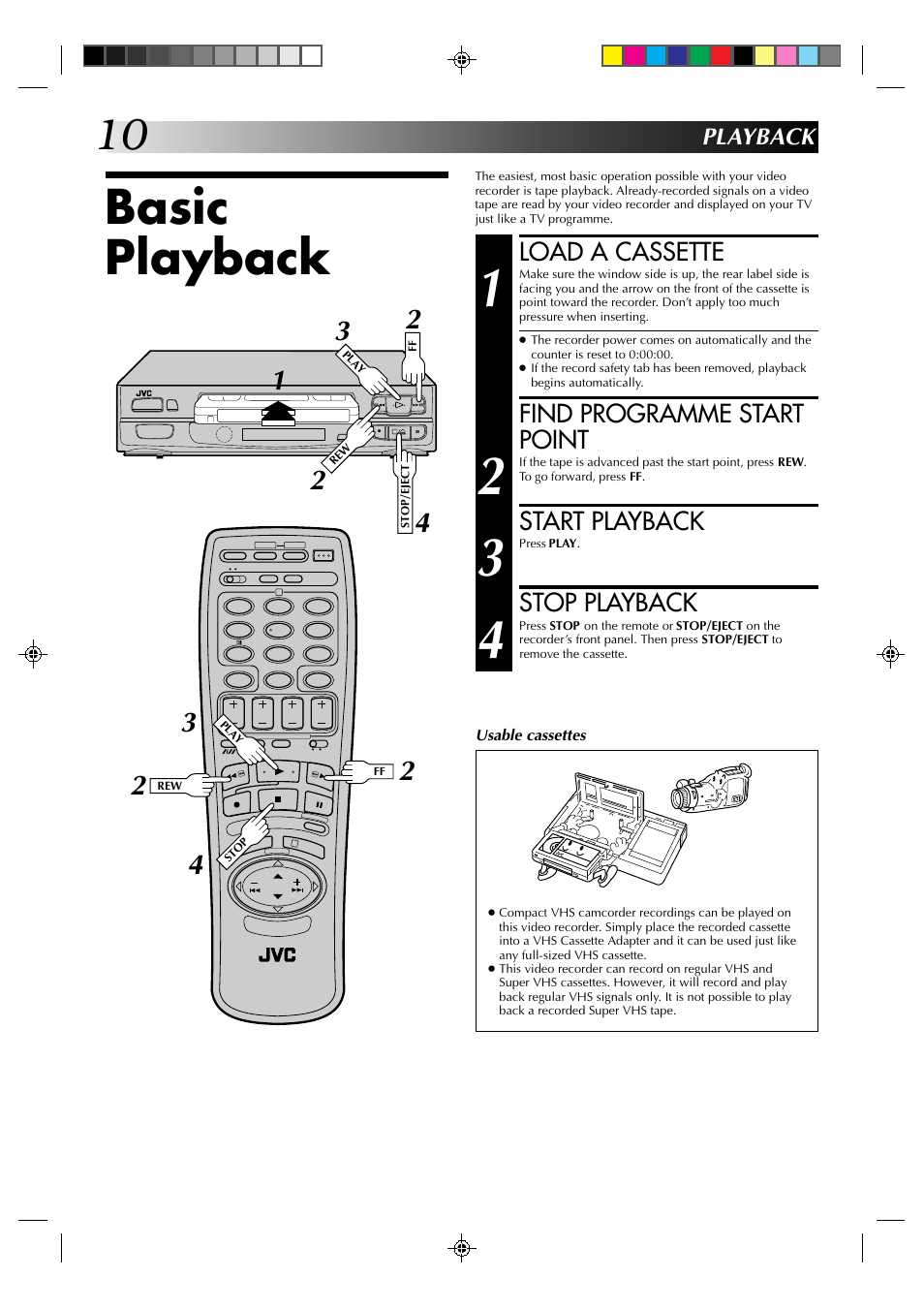 Basic playback, Load a cassette, Find programme start point | Start playback, Stop playback, Playback | JVC HR-A230EK User Manual | Page 10 / 40