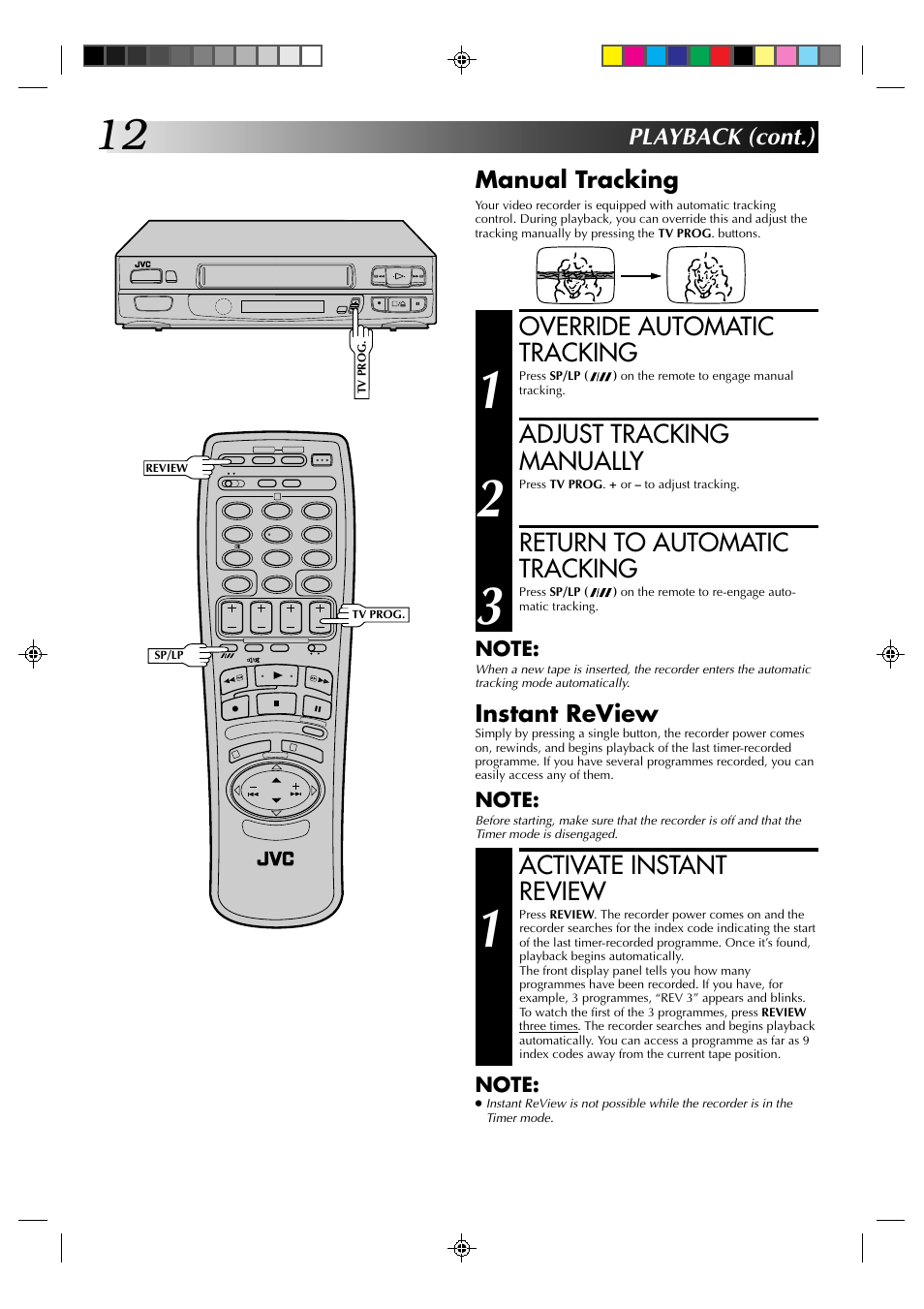 Override automatic tracking, Adjust tracking manually, Return to automatic tracking | Activate instant review, Manual tracking, Instant review, Playback (cont.) | JVC HR-A230EK User Manual | Page 12 / 40