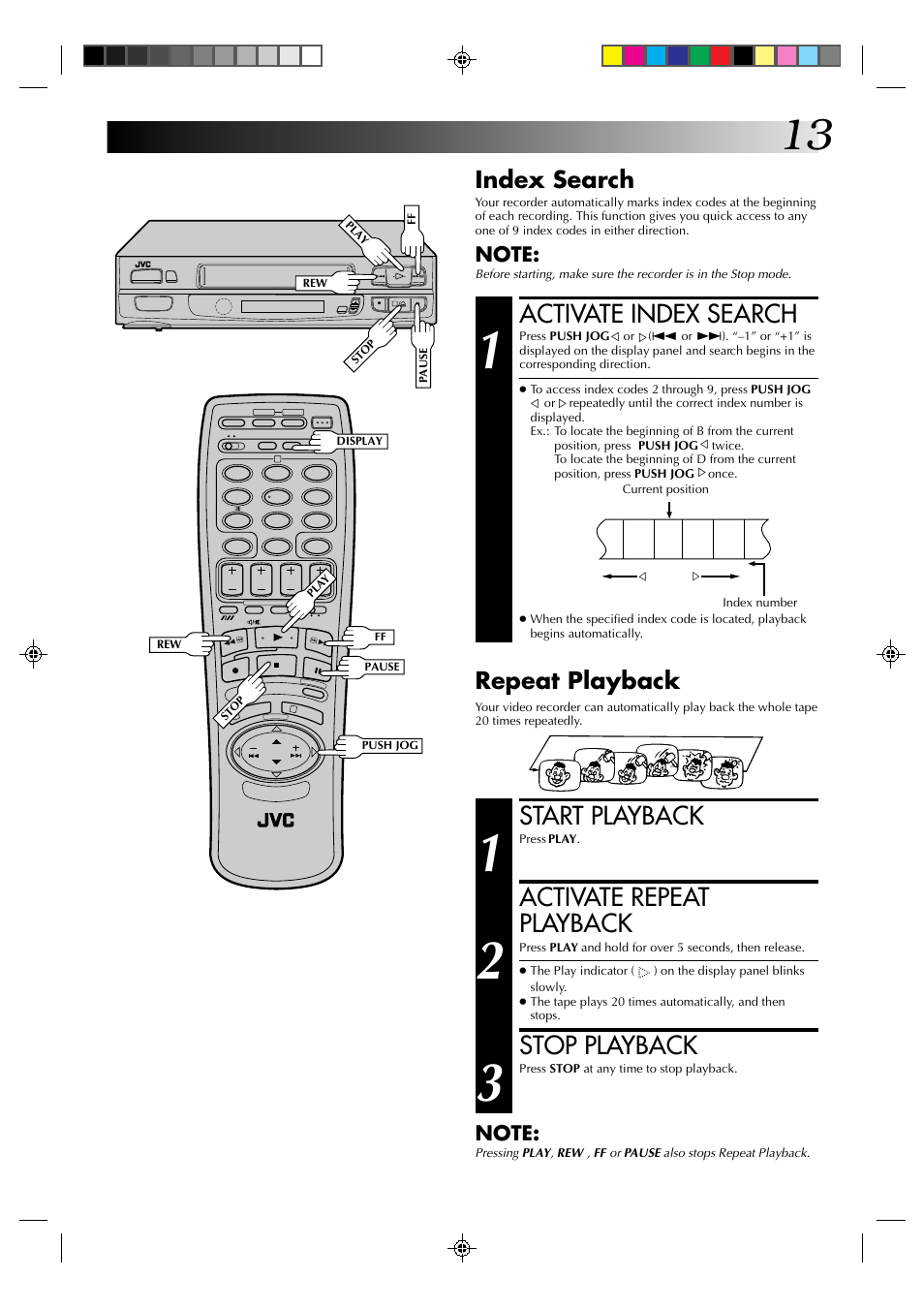 Activate index search, Start playback, Activate repeat playback | Stop playback, Index search, Repeat playback | JVC HR-A230EK User Manual | Page 13 / 40