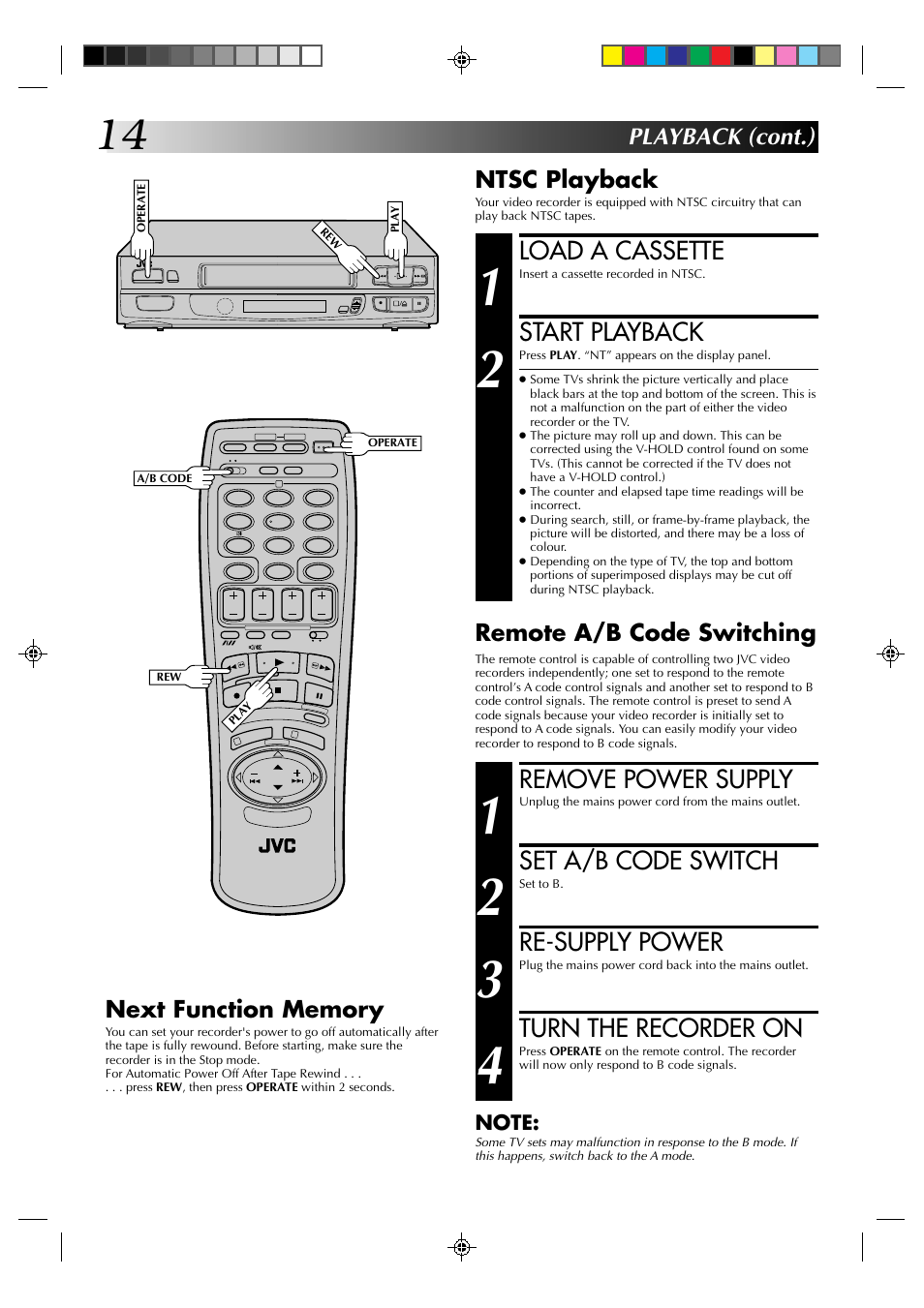 Load a cassette, Start playback, Remove power supply | Set a/b code switch, Re-supply power, Turn the recorder on, Playback (cont.), Ntsc playback, Remote a/b code switching | JVC HR-A230EK User Manual | Page 14 / 40