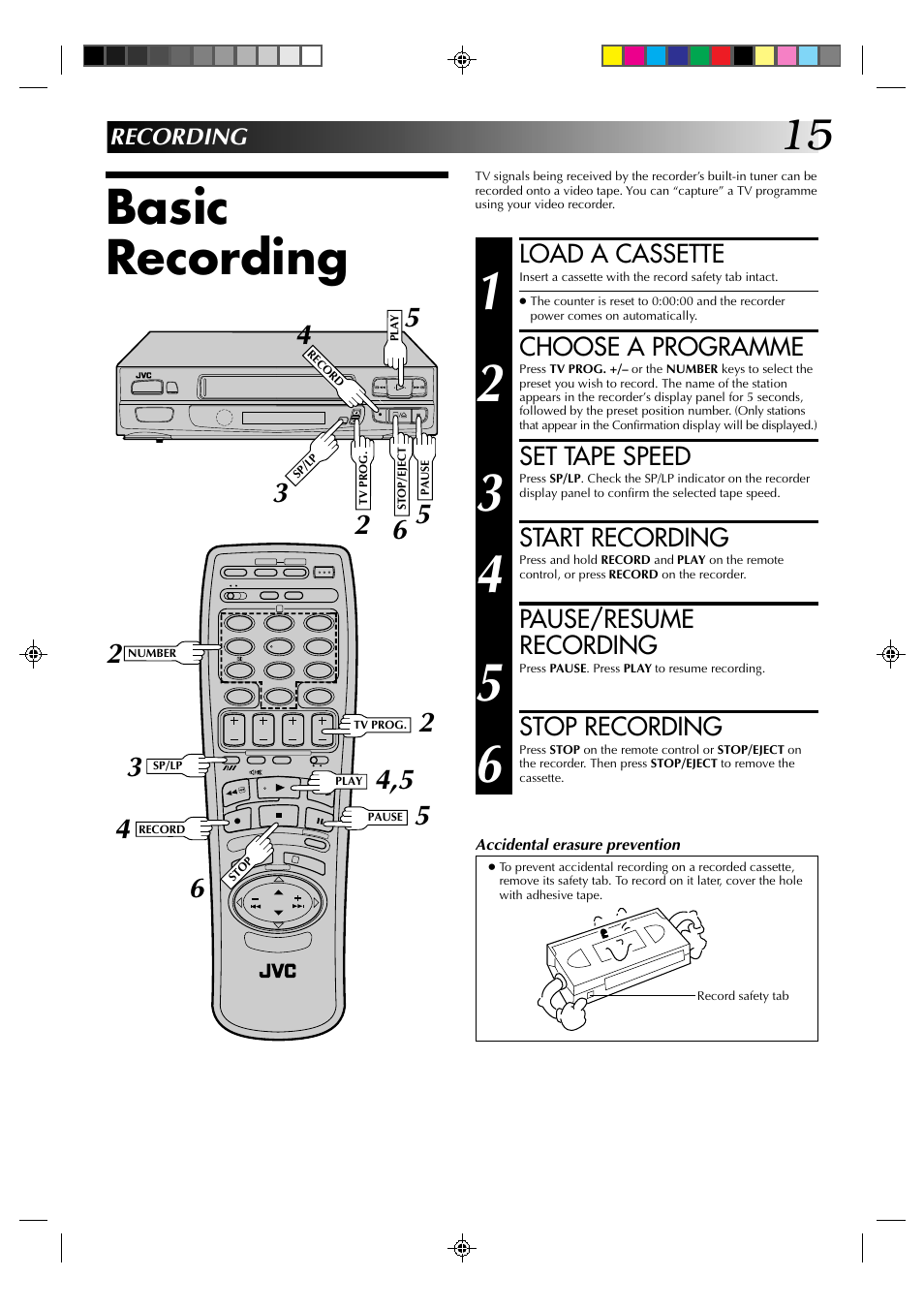 Basic recording, Load a cassette, Choose a programme | Set tape speed, Start recording, Pause/resume recording, Stop recording | JVC HR-A230EK User Manual | Page 15 / 40