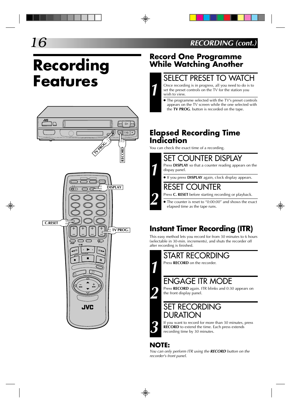 Recording features, Select preset to watch, Start recording | Engage itr mode, Set recording duration, Set counter display, Reset counter | JVC HR-A230EK User Manual | Page 16 / 40