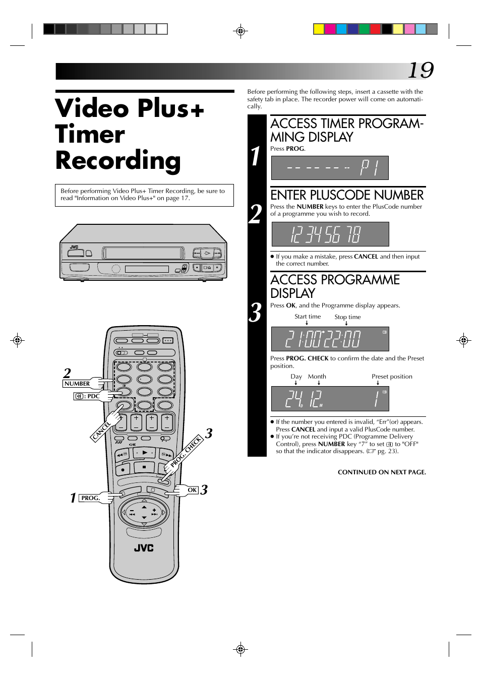 Video plus+ timer recording, Access timer program- ming display, Enter pluscode number | Access programme display | JVC HR-A230EK User Manual | Page 19 / 40