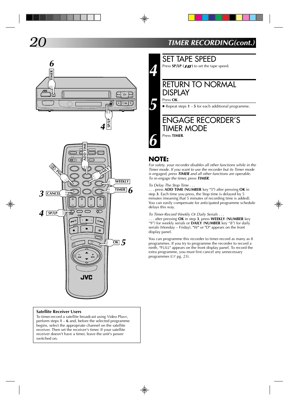 Set tape speed, Return to normal display, Engage recorder’s timer mode | Timer recording(cont.) | JVC HR-A230EK User Manual | Page 20 / 40