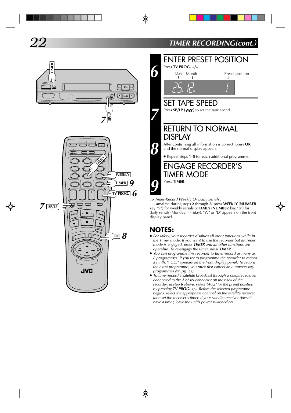 Enter preset position, Set tape speed, Return to normal display | Engage recorder’s timer mode, Timer recording(cont.) | JVC HR-A230EK User Manual | Page 22 / 40