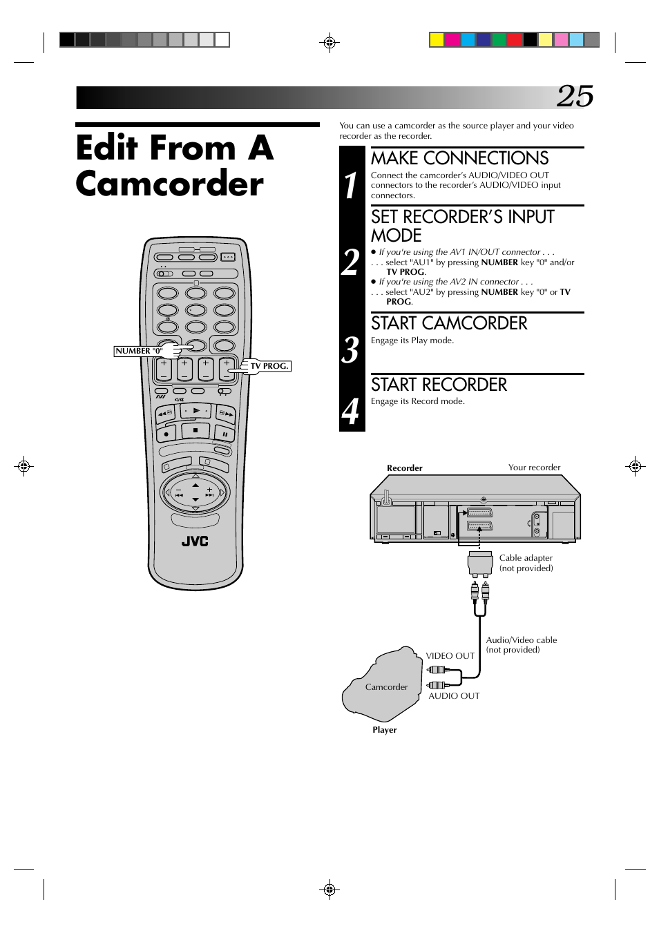 Edit from a camcorder, Make connections, Set recorder’s input mode | Start camcorder, Start recorder | JVC HR-A230EK User Manual | Page 25 / 40