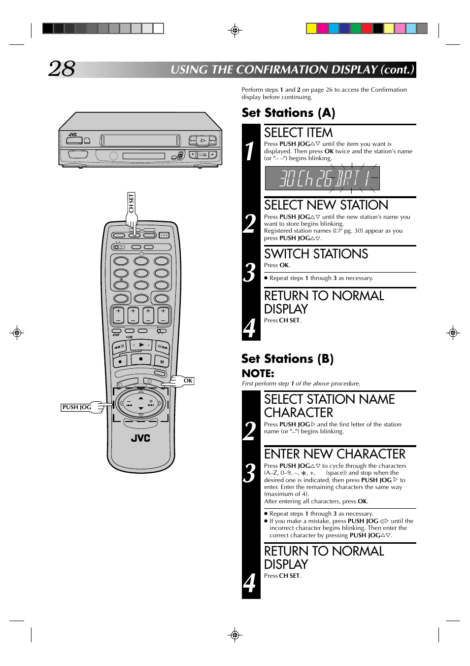 Select item, Select new station, Switch stations | Return to normal display, Select station name character, Enter new character, Using the confirmation display (cont.), Set stations (a), Set stations (b) | JVC HR-A230EK User Manual | Page 28 / 40