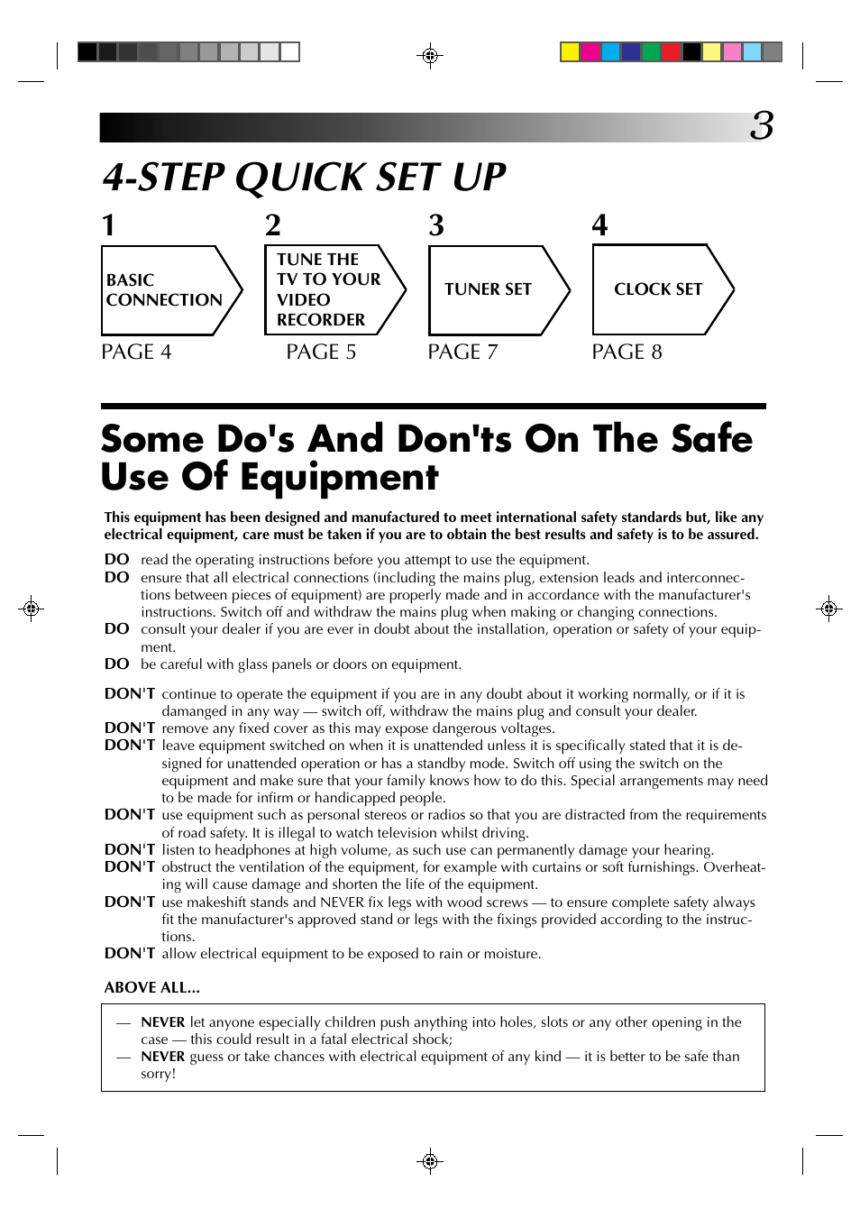 Step quick set up, Some do's and don'ts on the safe use of equipment | JVC HR-A230EK User Manual | Page 3 / 40